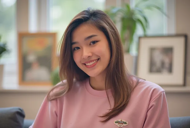 Raw photo of a woman named l4r1ss4r1qu3lm3, Wear a pink T-shirt,  in the living room ,  Fine Face ,  natural light ,  High Detail,  abstract dress ,  Happy smile,  nude