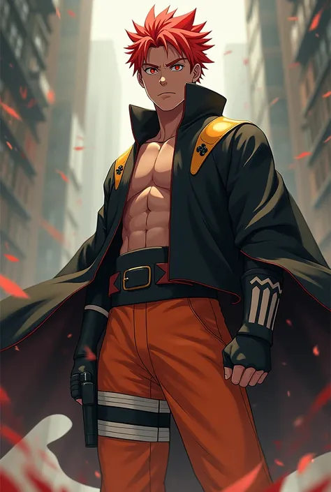 Naruto,muscular,teenager,red hair,fox eyes,badass,posing,presence menacing,anime artstyle,animated,shinobi clothes and cloak,black and gold,naruto uzumaki