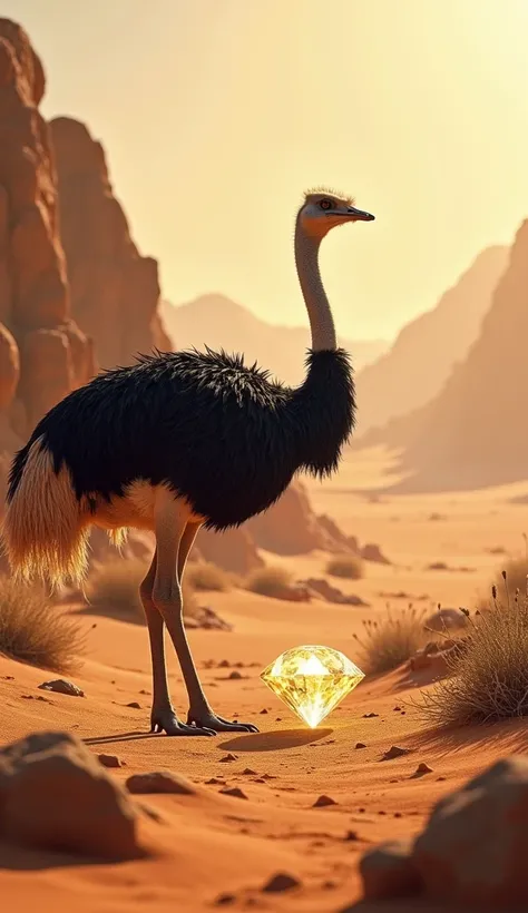 Ostrich with in land dimond. Background aria is desert 