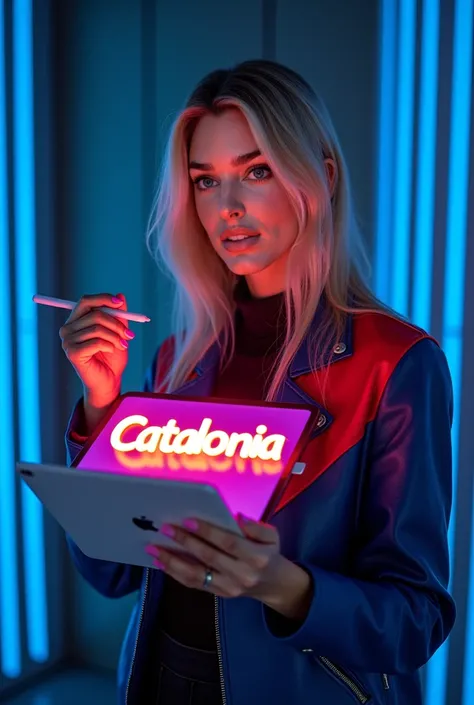  Mujer Kendall, ojos negros, labios brillosos, rubor, piel brillosa y cabello rubio claro is standing holding a white iPad Pro with neon orange and pink ‘catalonia’ letters. holding the ipad with one hand, and a stylus with the other. She is wearing a blue...