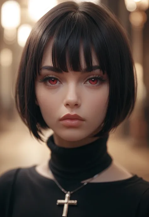 score_9, score_8_up, score_7_up, 1girl, solo, short hair, black hair, jewelry, looking at viewer, necklace, cross, portrait, bangs, red eyes, closed mouth, turtleneck, blurry background, cross necklace, lips, piercing, blurry, bob cut, eyelashes