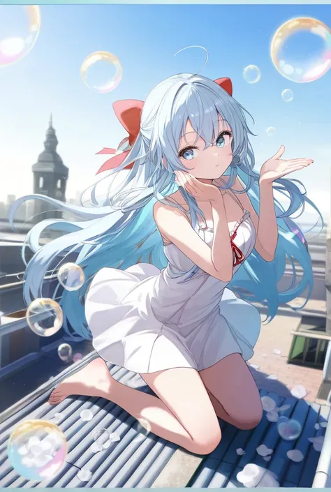  Light Blue Long Hair ,  Light Blue Eyes ,  red ribbon,  ,  standing pose, whole body,  looking at camera