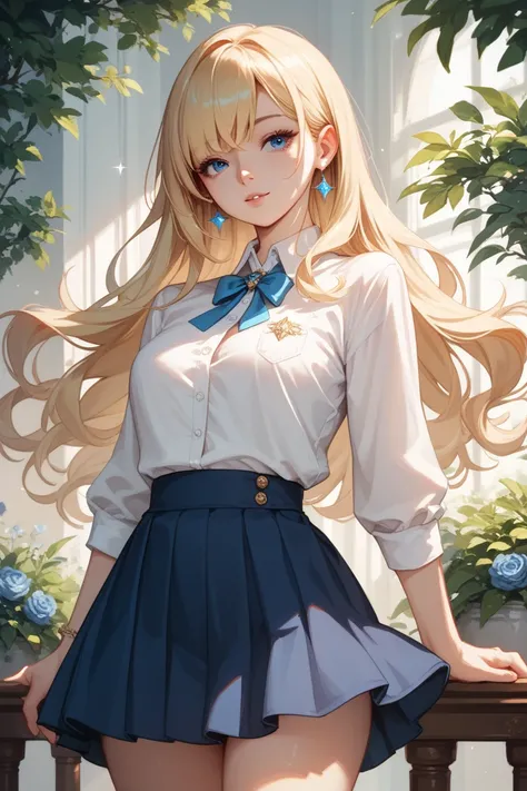 A beautiful girl, fair and well-proportioned body. Long blonde hair with bangs, part of the bangs clipped, sparkling blue eyes, blue eyes. The girl wore a shirt and a skirt, a bit shy.