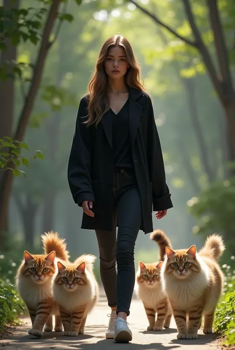 A woman dressed in black casual and walking alongside 4 medium persian cats 