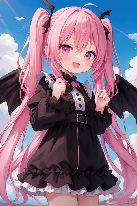  girl、 and laugh、Bad eyesight、Double teeth、 pink hair、twin tail child、Frills、 miniskirt、Black clothes、Black Wings、 sky background 