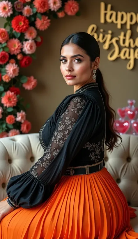 An Iranian woman with her hair tied back in a black dress with a white pleated pattern and wide guipure sleeves, a belt and a pleated orange skirt with large breasts, sitting on a luxurious single sofa and the wall decorated with flowers, looking at the ca...