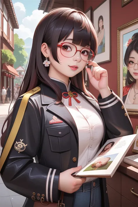  girl standing outside,  wears glasses,   wear a black jacket , (( long hair)), Paintings inspired by Zou Zhe, Tumbler,  realism , Chen Xintong, s ago, Qi Chao Wan, Huang Huifeng, Jeron Hsu, Zhang Xiaofan,  Penjen Jean,  Mongen , Yi Haoren, Zhezhou Chen.