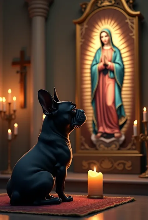 Black French bulldog praying to María Virgen del Carmen mother of Jesus