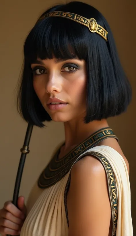 Whole body expression、holding a whip in his right hand、Whole body expression、Age 19、Beauty、 wears the decoration of an ancient Egyptian woman、 has an exterior like Cleopatra 、 Black Hair Bob Cut 、She has eyeshadow on her eyes 、