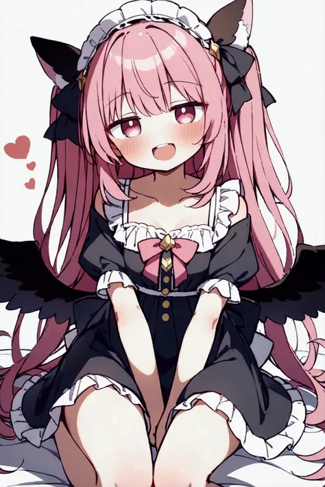  girl、 and laugh、Bad eyesight、Double teeth、 pink hair、twin tail child、Frills、 miniskirt、Black clothes、Black Wings、 sky background 