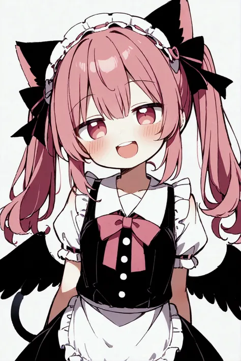  girl、 and laugh、Bad eyesight、Double teeth、 pink hair、twin tail child、Frills、 miniskirt、Black clothes、Black Wings、 sky background 