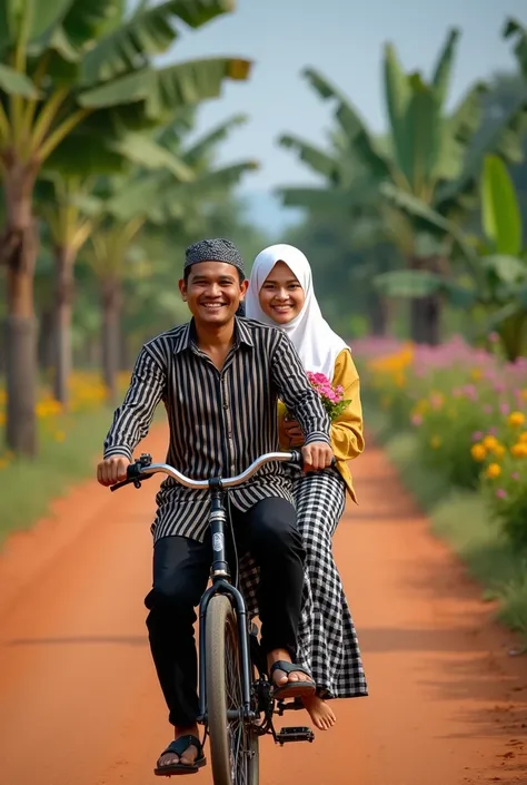  Close up photo of black antique bicycle being ridden by a Javanese man smiling towards the camera ,  head tied with black and white batik cloth ,  vertical striped black brown long sleeve shirt typical of Java ,  wearing a black and white checkered batik ...