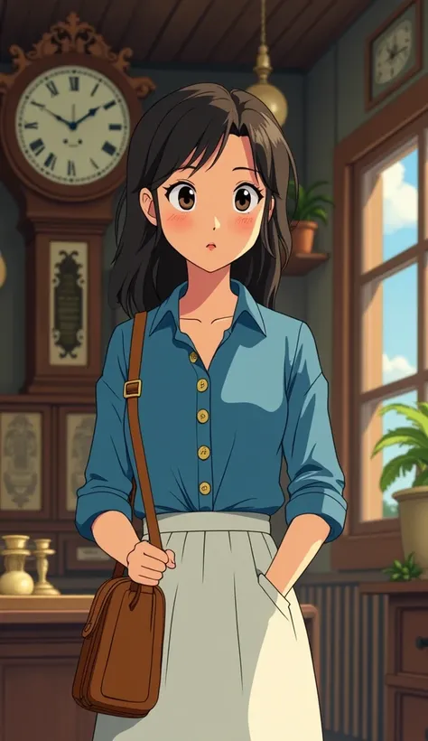 A young woman wearing a denim shirt, a white skirt, is passionate about antiques, travels to visit a store.
The clock in the store has its owner, an old man who rarely talks to anyone, but his store is famous for repairing watches. Ask for a ghibli cartoon...