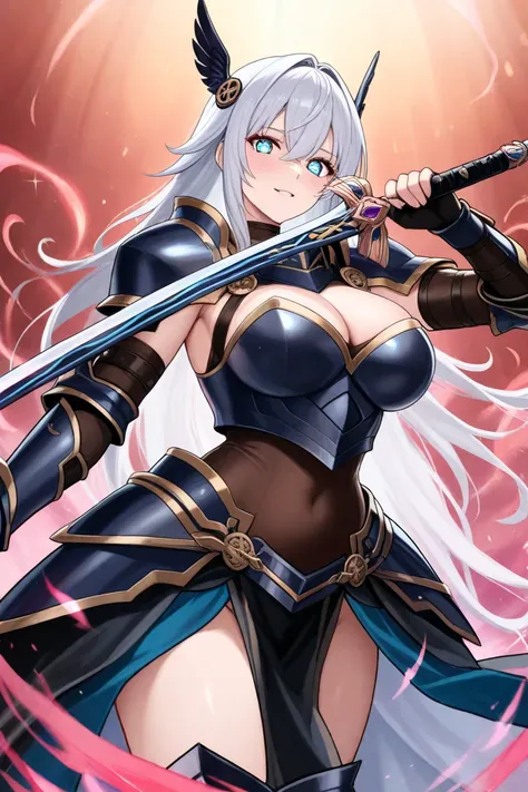 cool and cool adult woman　Hold a single sword while wearing elegant, lightweight armor and get out of the sword　Aura of Strength　 Astonishing Eye　 Big Breasts 　 cool armor 　 she has some kind of sex appeal 　female knight　 a mysterious and dignified woman l...