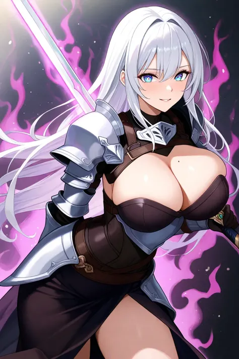 cool and cool adult woman　Hold a single sword while wearing elegant, lightweight armor and get out of the sword　Aura of Strength　 Astonishing Eye　 Big Breasts 　 cool armor 　 she has some kind of sex appeal 　female knight　 a mysterious and dignified woman l...