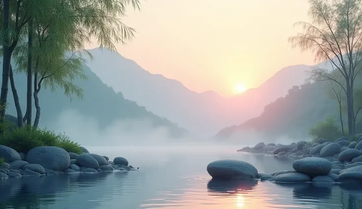 Serene meditation landscape at sunrise, soft pastel colors, zen garden with smooth stones, misty mountains in background, gentle water stream, soft morning light filtering through bamboo trees, peaceful atmosphere, minimalist style, high resolution, 4K qua...