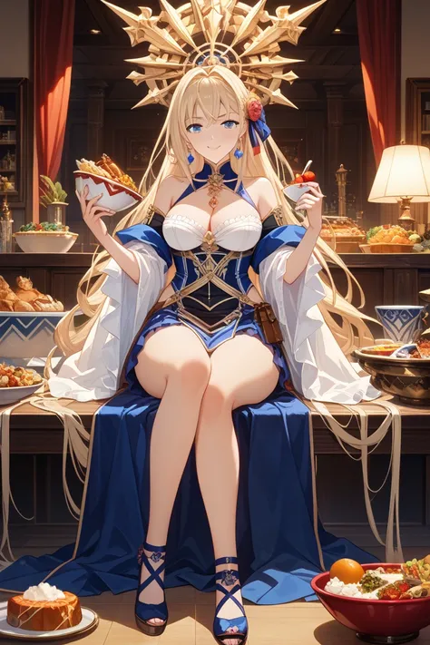  anime girl sitting on a chair with a bowl of food in her hands, Alchemist Girl , Light novel cover art,  Official Art ,  Epic Light Novel Art Cover ,  Official Art work, epic Light novel cover art, change, isekai, small curvy change, Casciato krenz, Casci...