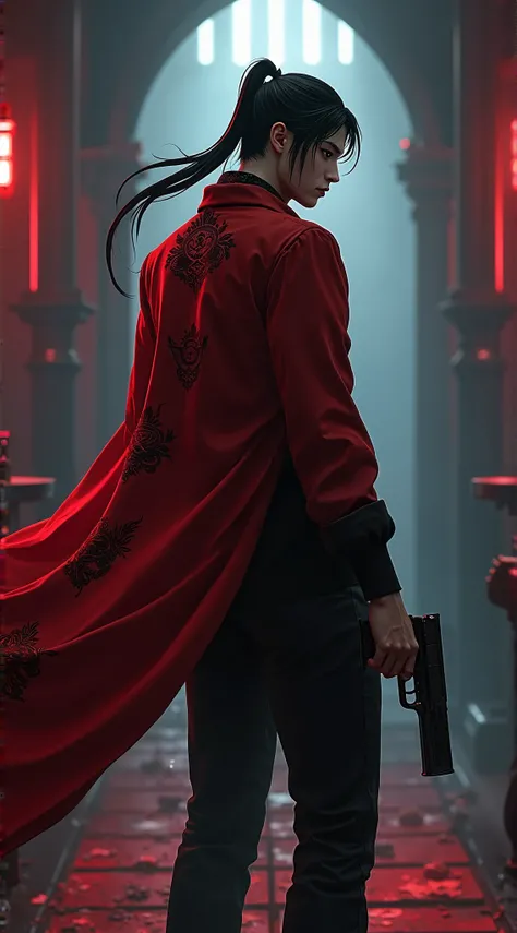 a man with a gun standing in a room, dark vampire, character splash art, fantasy style clothing, ken, personified, connected to heart machines, ren heng, brocade, host of the nightmare, f 8, boy, videogame render, luca, radiant aura, a handsome 25 years ol...