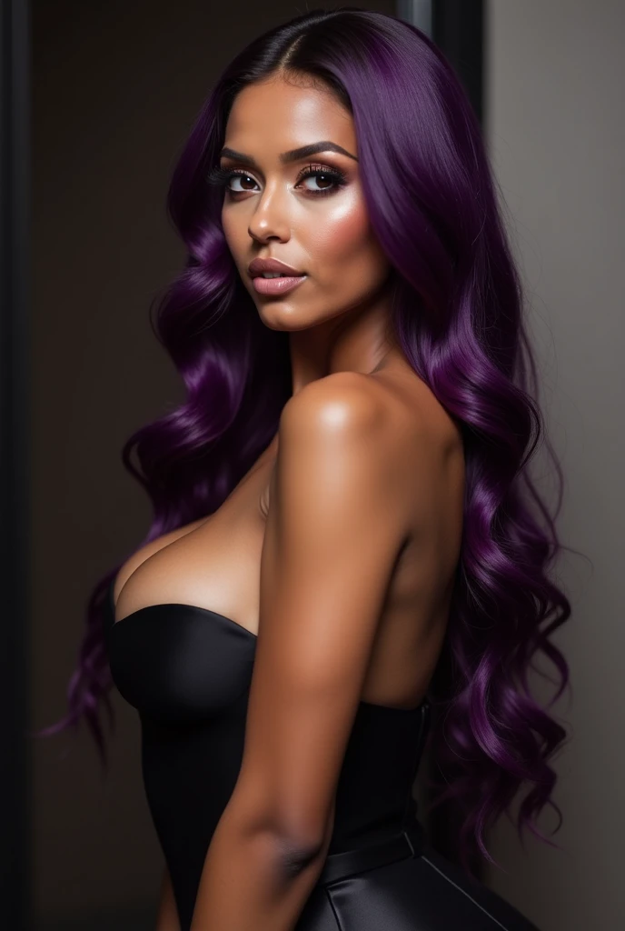  A woman with soft and silky brown skin ,  with voluptuous curves that capture the eye in every movement .  Her long purple hair falls in soft waves on her back , shining with a mysterious touch .  Her eyes are deep and seductive ,  framed by smoky makeup ...