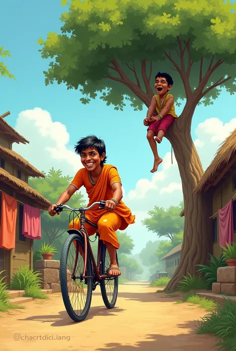 create funny s India village illustration, s drive old bicycle, s climbed on tree