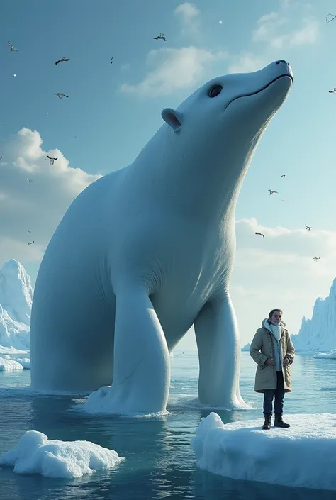 Un chef d’orchestre ours polaire qui dirige des baleines. Il porte un beau veston. Une grosse baleine sort de l’eau devant l’ours. Il y a des notes de musique qui volent dans le ciel. Ils sont entourées de glace.