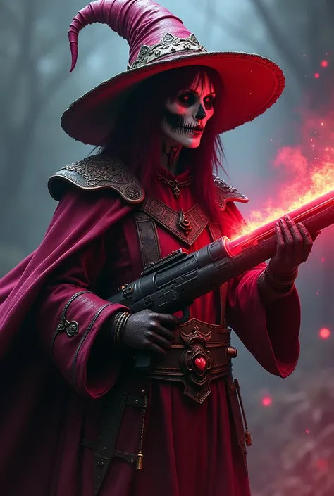 ( very detailed 8K wallpaper ), Medium shot of the Lory Necromancer, particle lighting,  High Details , dramatic, Gatling gun in hand,  clean background , Wearing a wizards hat,  Medium shot of Rory Necromancer removing the weapon at the top of the backgro...