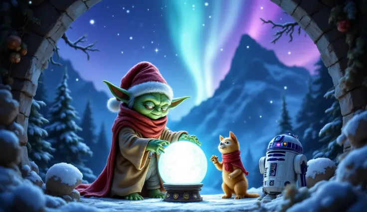 (aidmafluxpro1.1), (Crystal Ball Close-up of Master Yoda wearing a Santa Hat:2.0), (Northern Lights and Snowy Mountains:2.0), Reindeers, Christmas Trees, New Years Garlands, Very Beautiful, Master Yoda Looks in His Hands and Looking into the Crystal Ball, ...