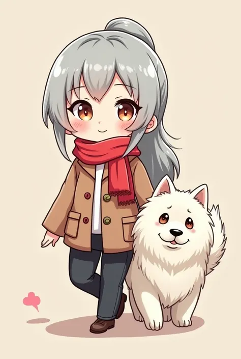 A Japanese actress who is a beautiful woman with a silver ponytail and a bright red scarf(Chibi character 1.3)　A cute pure white Samoyed dog is walking next to her. 　