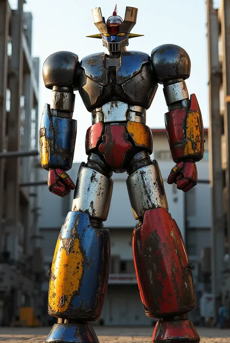 A highly realistic version of Mazinger Z, standing at 18 meters tall in a foreshortened position. The robot is constructed with modern materials like steel, carbon fiber, and other industrial elements, giving it a lifelike, rugged appearance. Its surface i...