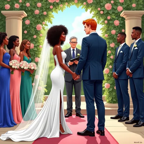 Create a detailed digital pencil style colored drawing of a wedding scene featuring the bride, groom, the officiant, a videographer, and the bridal party, all arranged in a vibrant and elegant outdoor setting.

The focus is on Kenia and Gareth, standing be...