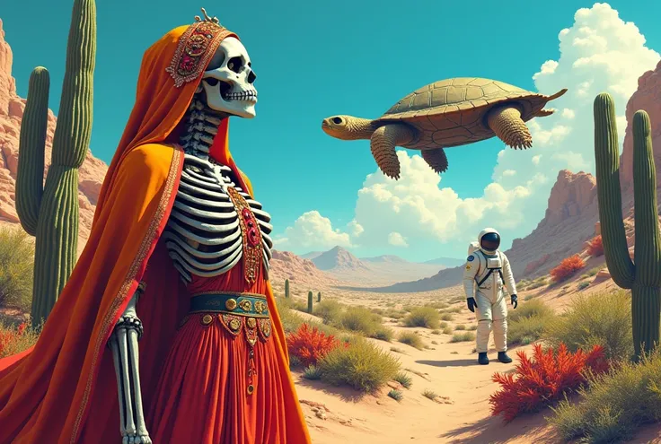 Surrealism Santa MUERTE style woman bright colours In desert cactus  and turtle spaceship is flying astronaut 