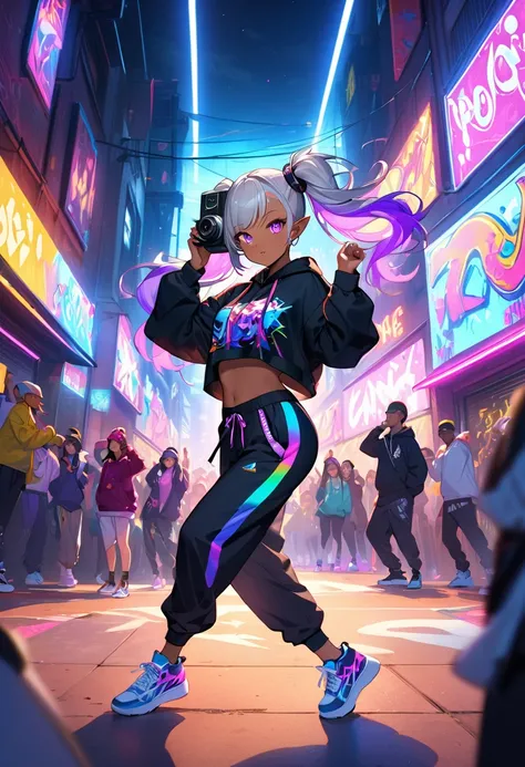 (masterpiece, best quality),A lively teenage dark elf influencer performing a trendy dance routine in a vibrant and colorful setting. She has smooth dark brown skin, twintail silver hair styled in a playful and edgy manner, and glowing violet eyes full of ...