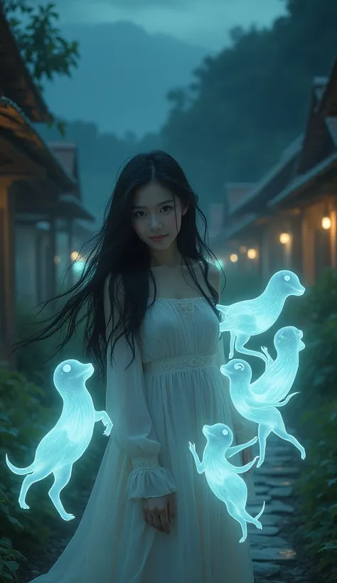 five ghosts cute cute girl with Indonesian face long hair beautiful flowing beautiful dark night background village Professional living  , 4k, HD, UHD, 8K,  High detail ,         ultra definition 