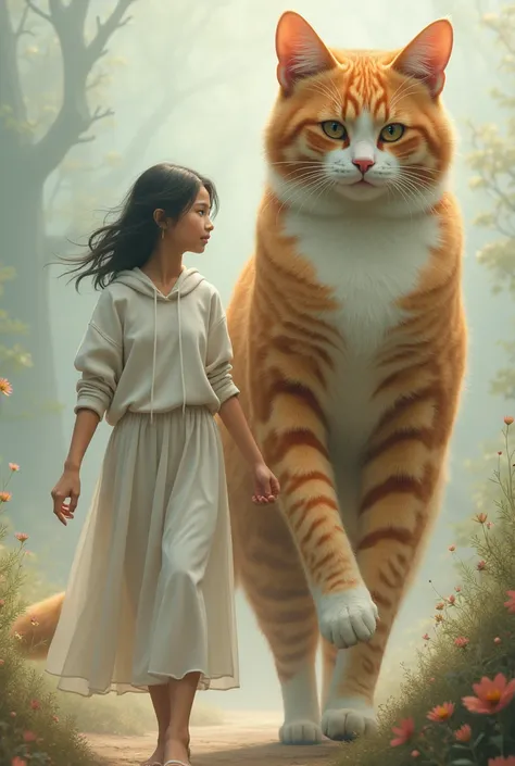 An Indonesian woman wearing a white hoodie and skirt walks hand in hand with a giant cat.