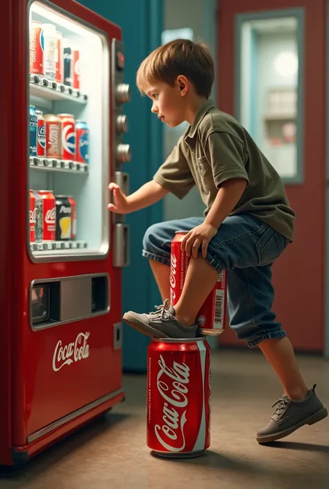 Create an image where there is a boy climbing on top of two Coca Cola cans to get a can of Pepsi from a soda machine