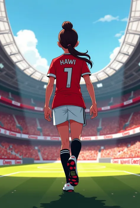 Manchester united player, name hawi,she is in stadium,cartoon,she seen in back way to the camera and player name writes in uniform