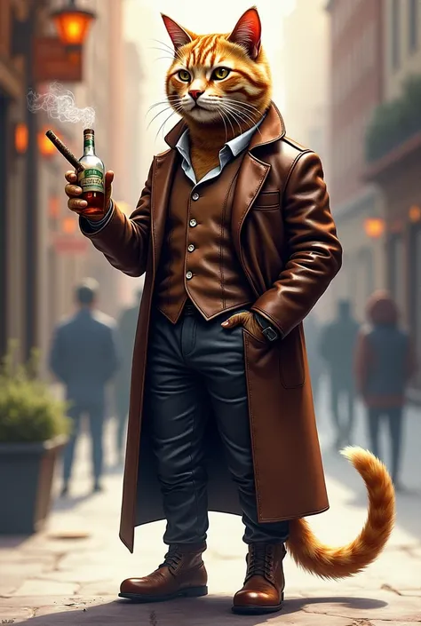 an anthropomorphic cat stands tall in leather clothes, a bottle of whiskey and a cigar in his paws, against the background of the street, the background is blurred, diamond
watercolor, 