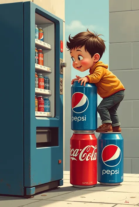 Create an image where there is a boy climbing on top of two Coca Cola cans to get a can of Pepsi from a soft drink machine