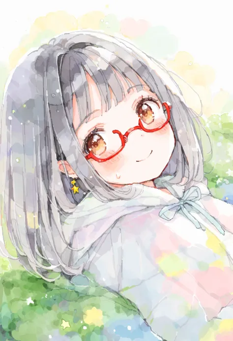 (watercolor,tegaki:1.2), (pastel color:1.2), 1girl, , brown eyes are shining and cute, black hair, long hair, extremely detailed neat hair,Straight hair, tareme, ((red-rimless eyewear:1.2)), star earrings, medium breasts, smile, blushful, a girl is sitting...