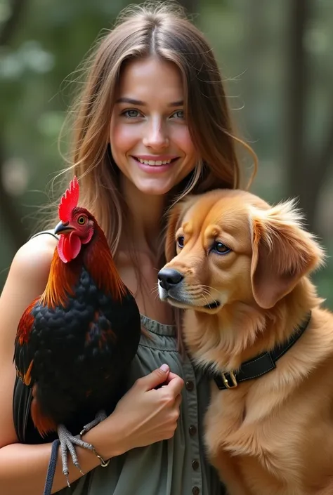 There is a girl who is not too skinny and beautiful, she is about 25 years young, she has a red and black beautiful chicken in her hand, a beautiful yellow and golden mixed greedy dog ​​is holding on a belt, the three are very friendly.