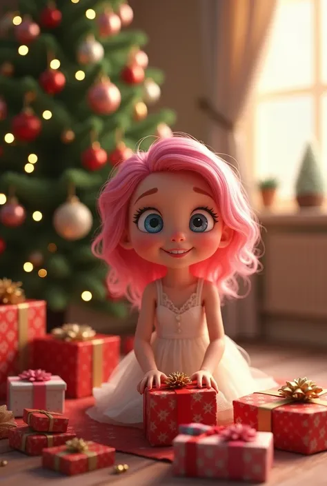 Super realistic 8K UHD image (((Masterpiece))), (((Best quality))), ((ultra definition)), of a beautiful and smiling 3d Pixar girl, blue eyes. pink hair. little white dress, opening Christmas presents next to the tree in the living room, 1 excited girl, br...