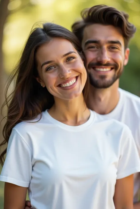 a smiling person wearing a plain white t-shirt seen from the front, another smiling person wearing a plain white t-shirt seen from the back, (best quality,4k,8k,highres,masterpiece:1.2),ultra-detailed,(realistic,photorealistic,photo-realistic:1.37),portrai...