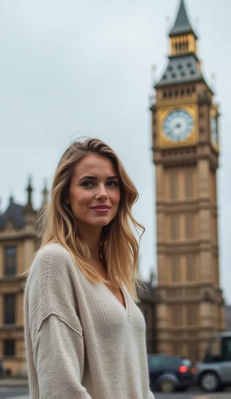 A 36-year-old woman posing beside a historic clock tower, dressed in a light sweater.