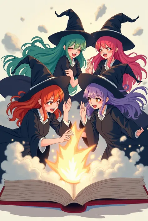 An anime-style art depicting many witches playfully wrestling with each other inside a book comical fight cloud (magic cloud).
each witch has different  colored hair.
their faces,hands,and feet are visible emerging from the cloud as they tussle humorously,...