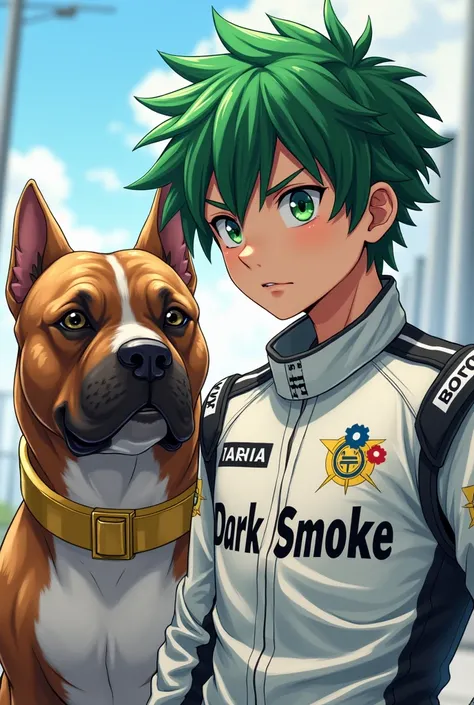 Un garçon manga aux cheveux verts habillé comme un driver sur son habit blanc on écrit le nom de dark smoke avec son pitbull qui a un collier en or 