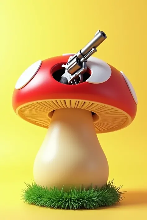 Image of a Mario Bros mushroom with gun and a large one in the middle with a little grass underneath and a light yellow background, digital art