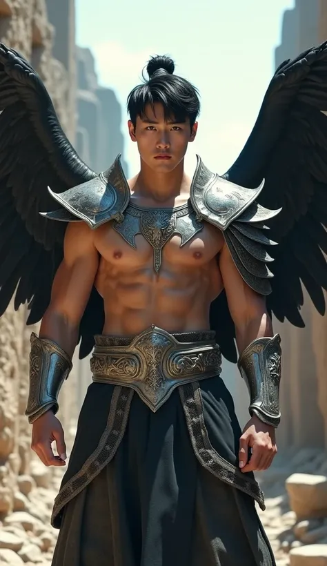 Full body photorealistic handsome hunky slender.Hyper realistic image of a young korean male. Black hair. Shirtless. Muscular. Abs. Painted face. Wears silver headpiece. Red shoulder pads armor and huge black pegasus wings. Silver armor cloth. Ancient ruin...