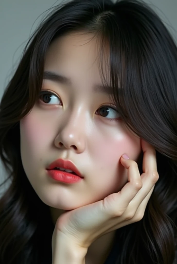 Her face is oval and slightly elongated with a fair and natural skin tone. The length of her face is approximately 10-12 cm. Her eyes are almond-shaped and slightly slanted, characteristic of Korean features, with each eye measuring about 2.5 cm in width. ...