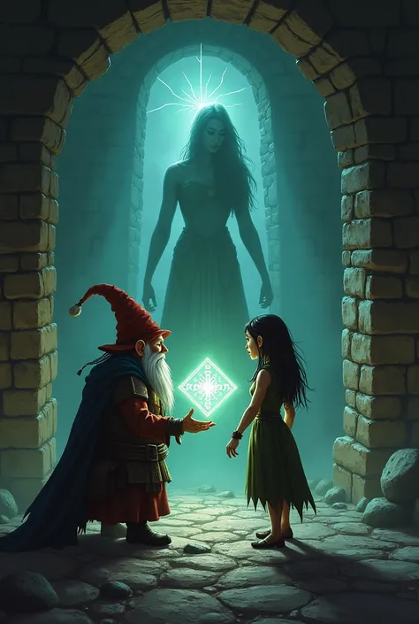 In a dungeon, a gnome and an elf woman see an artifact guarded by a shadow keeper 