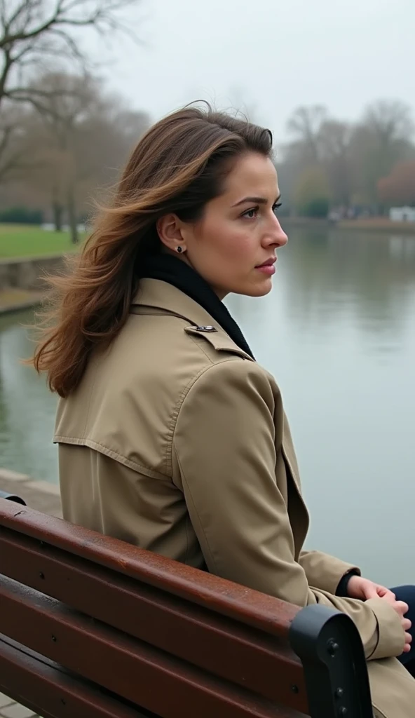 A 37-year-old woman sitting on a park bench overlooking a river, wearing a trench coat.